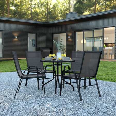 FLASH FURNITURE 5PC Patio Set-31.5RD Glass Table, 4 Black Chairs TLH-0702303C-GG